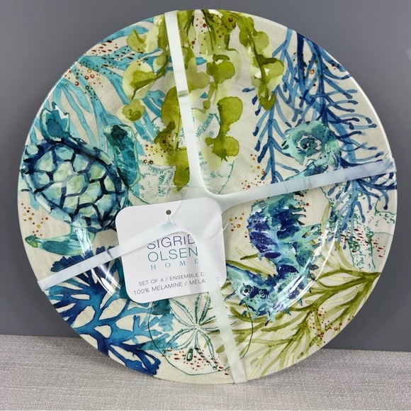 Sigrid Olsen Melamine Dinner Plates Sea Life Coastal Blue Green 11" Set 4 NEW - Picture 2 of 6